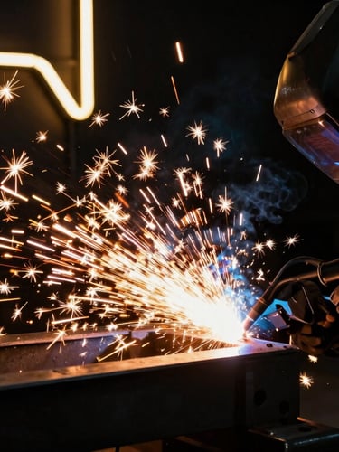 Dramatic workshop photography, bright sparks flying from a welding torch on a steel chassis, deep matte black background with warm neon glow, high contrast, cinematic 35mm