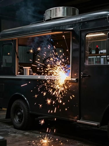 Cinematic 35mm shot of a vintage food truck being welded in a dark workshop, bright golden sparks flying, high contrast, matte black metal frame.