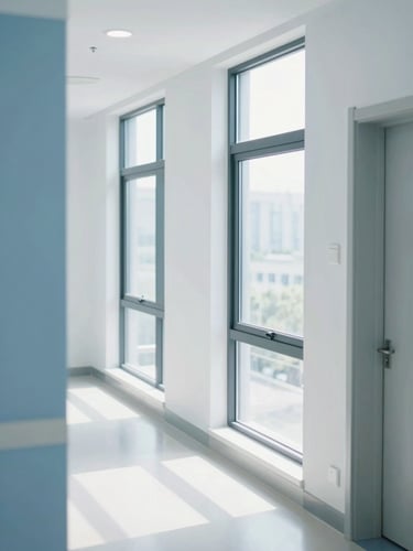 A modern clinical corridor with bright natural daylight streaming through large windows, soft blue accents on the walls, crisp focus, 35mm.