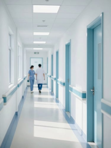Bright clinical hospital corridor, clean natural daylight, soft white and sterile blue tones, professional medical staff visible in distance, crisp focus, 35mm