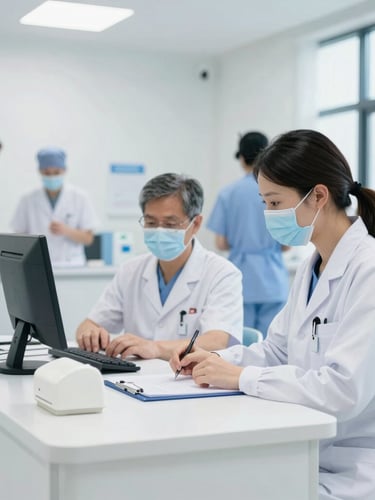 Bright clinical photography of a modern, well-lit hospital triage desk, soft white and sterile blue tones, professional medical staff in active care scenarios in the background, clean natural daylight, crisp focus, 35mm