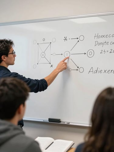 Close-up over-shoulder view of a faculty member at a whiteboard mid-explanation, hand pointing to a physics force diagram in chalk, students' notebooks visible in the foreground, classroom fluorescent lighting, focused teaching moment captured candidly