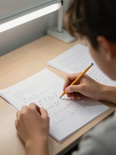 Close over-shoulder shot of a student at a desk working through a physics problem set, pencil in hand, papers spread under fluorescent study-room light, equations visible on the page