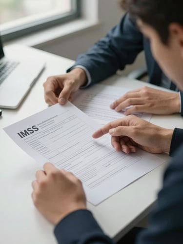 Close-up medium shot of two people at a desk, one pointing to a printed IMSS form, hands visible, natural window light from the side, a clean advisory office surface with documents, calm and focused