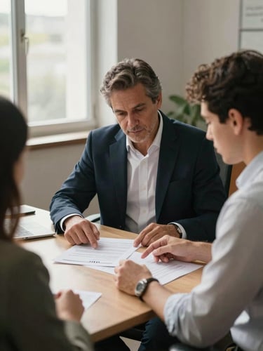 Wide advisory office scene, natural window light from the left, an advisor and a client seated across a desk reviewing IMSS documents together, medium shot showing hands pointing at paperwork, calm and unhurried atmosphere, no crowd, warm daylight tone