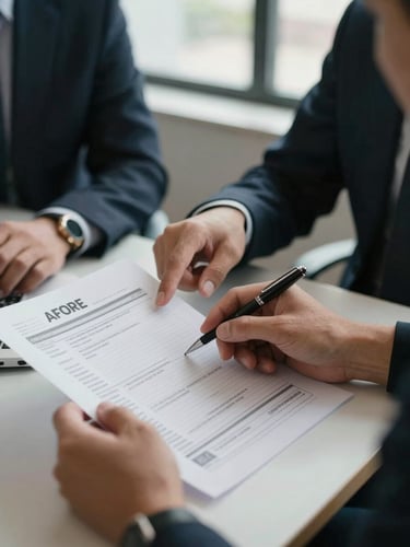 Close-up medium shot of two people at a desk, one pointing to a printed AFORE account statement, the other holding a pen ready to sign, natural window light, office environment, no crowds visible