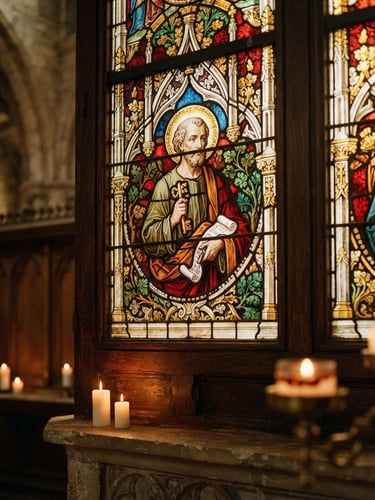 Close-up of stained glass window inside a historic church, warm morning light filtering through, soft candle glow, 35mm film aesthetic, shallow depth of field