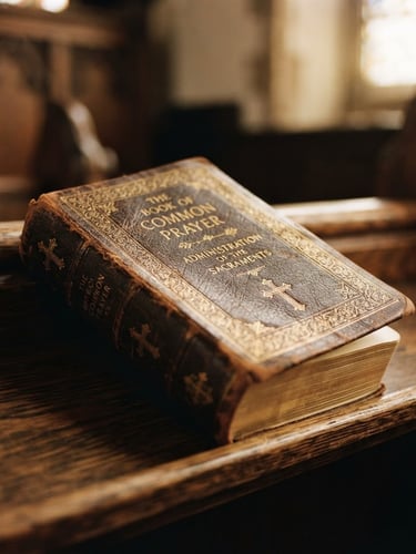 Close-up of a classic leather Book of Common Prayer resting on a dark oak wooden pew, warm natural window light illuminating the gold-embossed pages, 35mm film aesthetic.