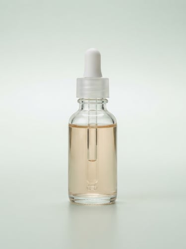 Bright high-key product photography, centered straight-on portrait of a clear glass serum bottle with a dropper, soft studio light, pale sage background, sharp focus, 50mm