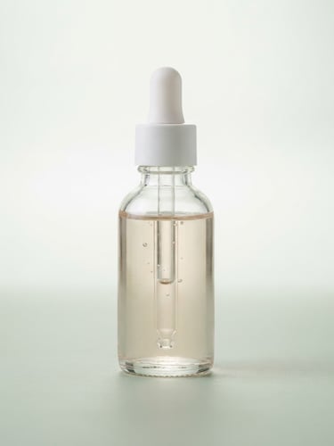 Centered, straight-on high-key product portrait of a clear glass serum bottle on a pale sage background, soft studio lighting, sharp focus, 50mm