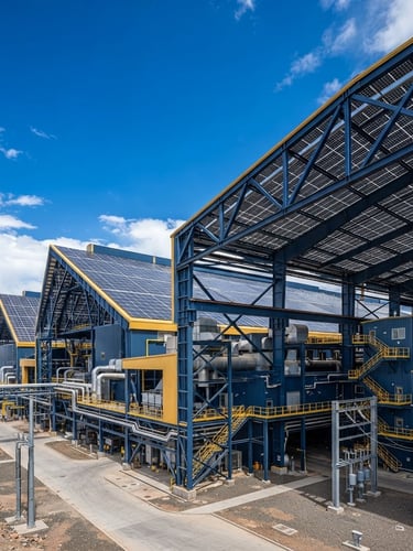 Low-angle architectural perspective of a massive industrial facility with solar arrays integrated onto structural steel roofing, bright daylight, high-contrast blue tones