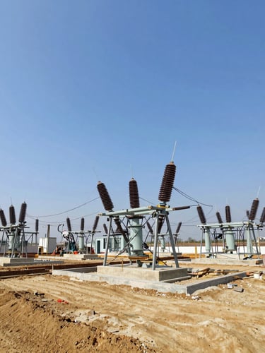 Wide-angle industrial construction site, heavy machinery preparing foundations for large electrical substations, crisp daylight, professional engineering aesthetic