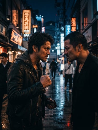 Moody cinematic low-angle shot of a tense character confrontation on a neon-lit street, saturated ambers and deep blues, sharp shadows, vertical 9:16 framing, shallow depth of field