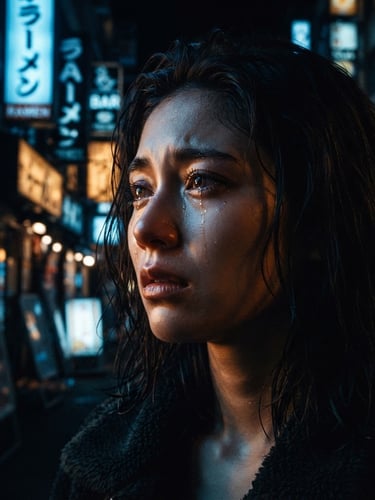 A tight vertical 9:16 portrait of a woman looking off-camera with intense, tearful eyes, struck by sharp blue and warm amber neon light, heavy shadows, cinematic film grain