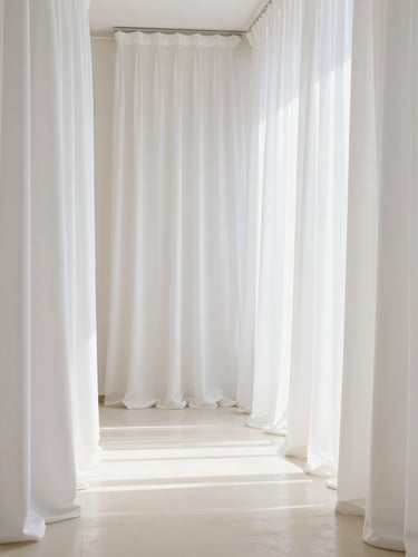 A bright, minimalist Riyadh showroom interior featuring towering white silk curtains catching soft daylight, clean cream floors, high-key architectural composition
