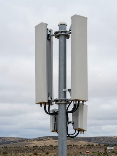 Angled shot of a cellular repeater tower and edge communications equipment mounted on a utility pole in a remote rural landscape, overcast sky, sparse terrain visible in background, no people