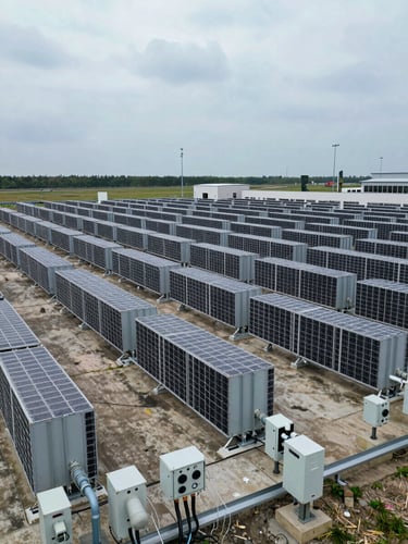 Wide-angle view from above a distributed battery installation at an edge facility, rows of battery banks extending into the frame, industrial conduit and monitoring terminals visible in the foreground, cool overcast daylight, no people