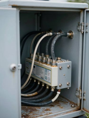 Close angled shot of industrial battery bank terminals and cable runs inside a weathered equipment enclosure, cool daylight entering from a side panel opening, visible corrosion and labeling on terminal blocks, no people