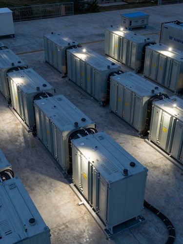Angled overhead view of a battery installation site at dusk, industrial battery bank modules in rows, monitoring cables and conduit visible, cool overhead lighting casting clean shadows on metal surfaces, operational context evident