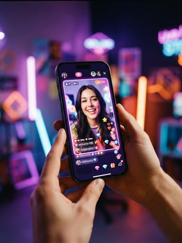 A modern smartphone mockup displaying the vibrant Hily Live streaming interface, glowing purple and pink user interface elements, neon studio background, 35mm photography