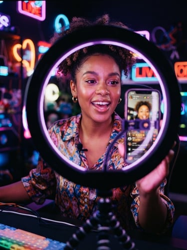 Vibrant close-up of a diverse female creator streaming in front of a glowing purple ring light, holding a smartphone showing the Hily Live interface, neon LED studio lighting, rich saturated tones, 35mm