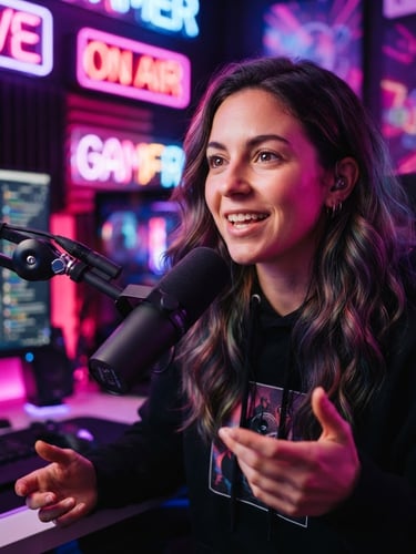 Close-up portrait of a dynamic female creator streaming under vibrant neon pink and purple LED lights, high-quality ring light reflection in her eyes, professional microphone setup, shallow depth of field, 35mm.