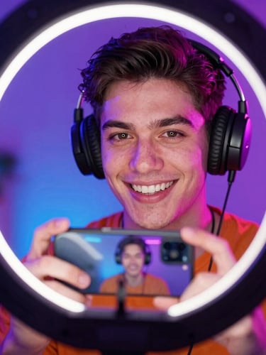 Close-up portrait of a charismatic digital creator streaming in front of a ring light, vibrant neon purple rim lighting, shallow depth of field, holding a smartphone showing a live video interface.