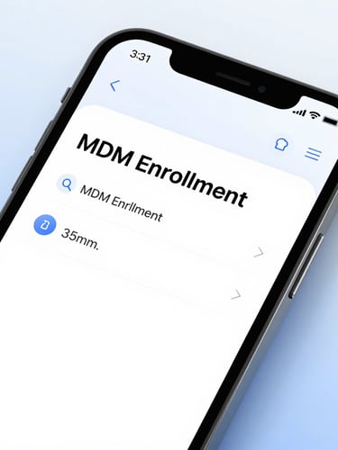 Close-up on a modern smartphone screen displaying a clean MDM enrollment dashboard, bright cool studio lighting, sharp focus, 35mm