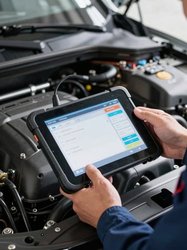 Close-up of a professional mechanic using a digital diagnostic tablet inside a clean engine bay, high-contrast crisp garage lighting, 35mm.