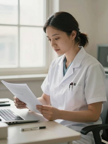 A professional medical coordinator in a tidy office environment reviewing clinical charts, warm editorial photography, soft window light
