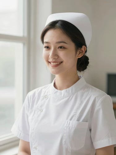 A professional female nurse in a clean uniform smiling warmly, soft diffused natural window light, clinical-editorial style