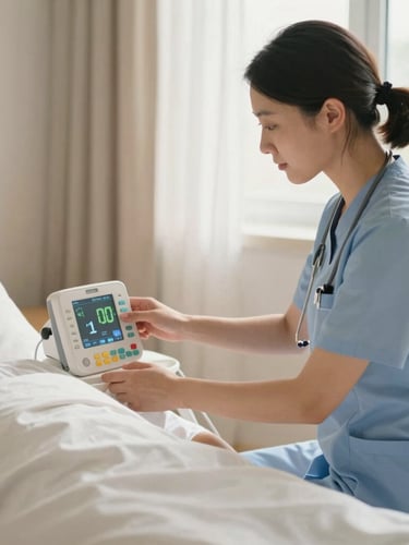 A professional medical caregiver in uniform adjusting a home care monitor beside a tidy patient bed, soft natural light, warm editorial style, 35mm