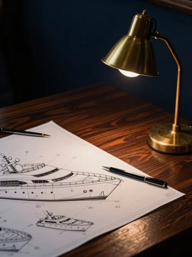 Technical drafting tools and architectural blueprints of a superyacht on dark mahogany wood, warm brass-toned study light, moody editorial photography, sharp details