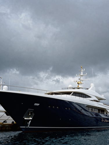Wide, low-angle shot of a superyacht in dry dock at a bustling Barcelona port, dramatic overcast light, structural details of the hull visible, 35mm film