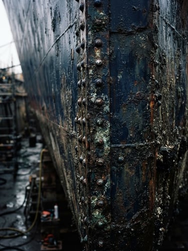 Macro detail shot of a massive steel ship hull in a dry dock, dramatic low-key lighting, cold overcast harbor light, sharp details, 35mm film