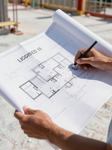 Portrait-oriented image of a licensed surveyor reviewing detailed blueprints on a South Florida construction site, bright direct sunlight creating high-contrast technical tones, sharp focus on the plans and surveyor's hands.
