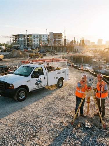 Wide shot of a branded ROCK SURVEYING & ENGINEERING field truck on a construction site at sunrise, high-visibility safety gear, total station set up, bright direct Florida sunlight, high-contrast technical tones, sharp focus, 35mm lens.