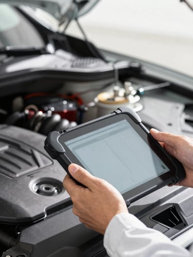 Close-up of a certified automotive expert examining a modern car's engine bay with a diagnostic tablet, crisp neutral daylight, high contrast metallic tones