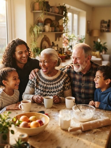 A diverse family, including a grandparent and grandchild, laughing together at a sunlit kitchen table, warm natural light, genuine human connection, relaxed expressions.