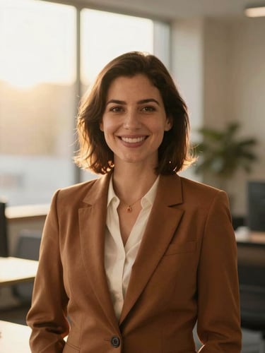 Warm, inviting portrait of a friendly female insurance advisor smiling, in a sunlit modern office, shallow depth of field, rich tones.