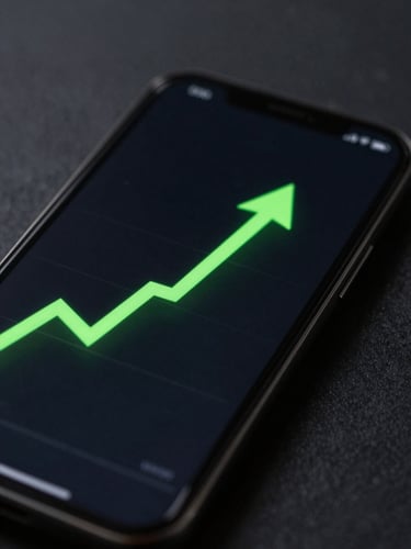 Sleek macro shot of a dark smartphone screen displaying a neon green upward trend chart, moody high-contrast studio lighting, deep charcoal background, sharp focus