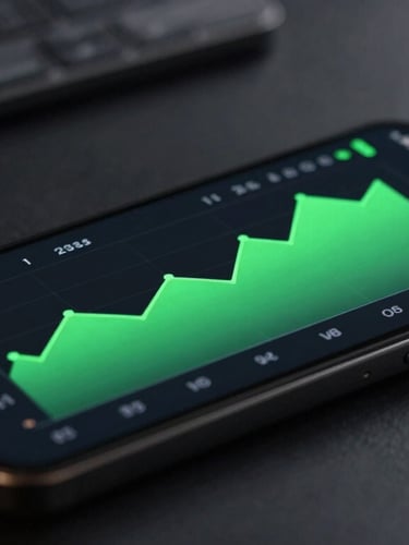 Sleek macro photography of a smartphone displaying a modern analytics dashboard, vibrant green growth chart on screen, dark workspace background, moody studio lighting.