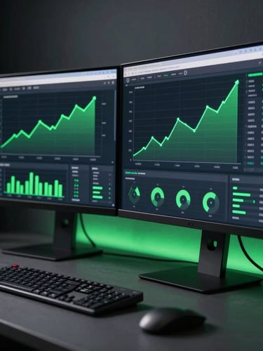 Sleek modern workspace with a high-end dual monitor setup displaying real-time analytics dashboards, upward green trend lines, moody high-contrast studio lighting with subtle neon green ambient glow, sharp macro focus.