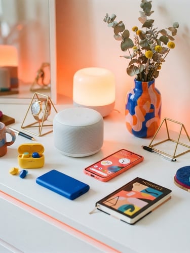 Vibrant lifestyle product photography of sleek modern gadgets and colorful home decor arranged neatly on a clean white surface, bright high-key lighting with soft neon orange ambient glow, sharp focus, 35mm