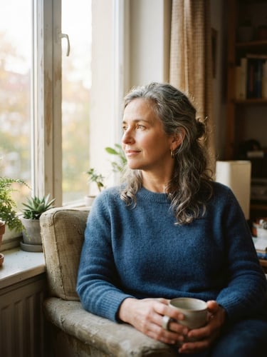 Warm editorial photography of a conscious adult in a moment of calm reflection, soft morning window daylight filtering through, shallow depth of field, 35mm