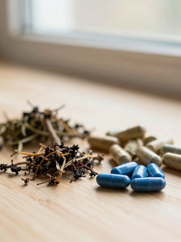 Serene close-up of natural whole foods and herbal supplements on a clean wooden surface, soft morning window daylight, warm editorial photography