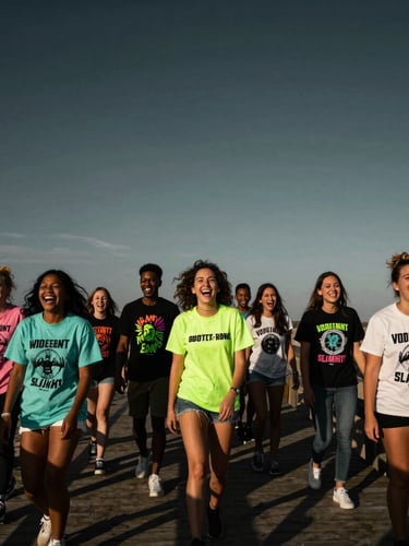 Wide-angle action shot of a group of friends laughing on a beach boardwalk at sunset, wearing loud graphic t-shirts, high energy