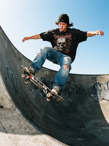 Low-angle flash photo of a rebellious skater wearing an oversized graphic tee, mid-air over a concrete bowl, harsh sunlight, high contrast