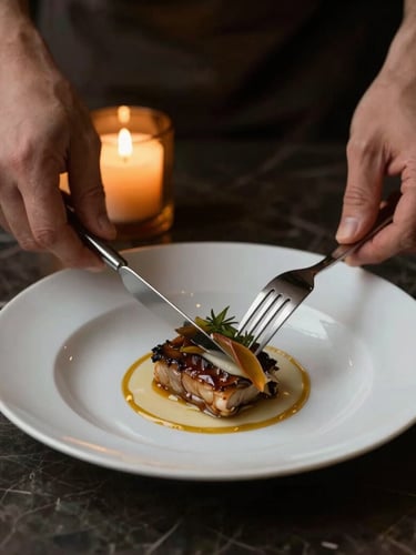 Moody close-up of hands plating a refined dish on dark marble, glowing amber candlelight, soft shadows, 35mm shallow depth of field.