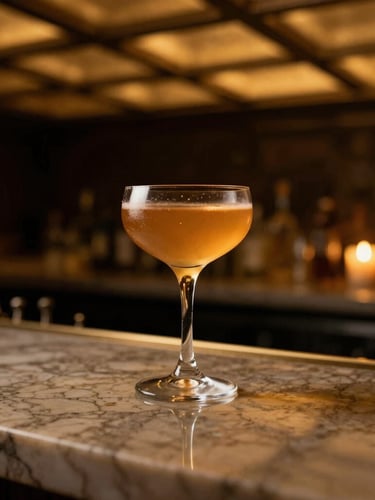 Moody portrait of a premium cocktail on a cold marble counter, casting warm amber reflections from the geometric ceiling above, rich gold tones, deep shadows, 35mm shallow depth of field.